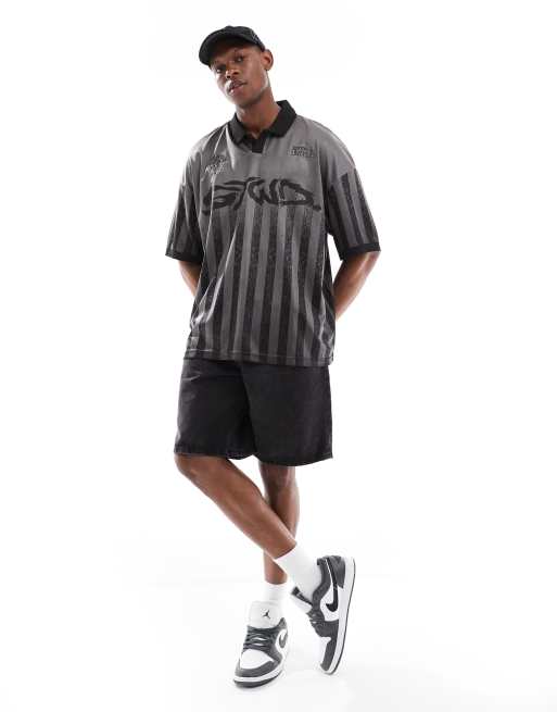 Pull&Bear grunge soccer polo shirt in black