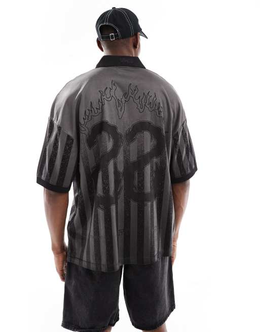 Pull&Bear grunge soccer polo shirt in black