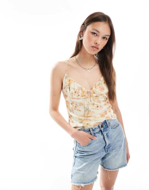 Pull&Bear - Gul cami-top med stropper og blomsterprint - view 1