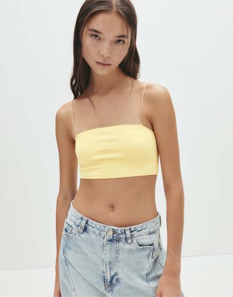 Pull&Bear – Gul crop top med smala axelband - view 1
