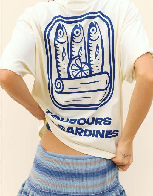 Pull&Bear - Gul oversized T-shirt med sardingrafik, 2 af 7