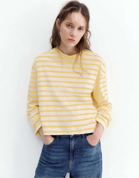 Pull&Bear – Gul, randig t-shirt med långa ärmar - view 1