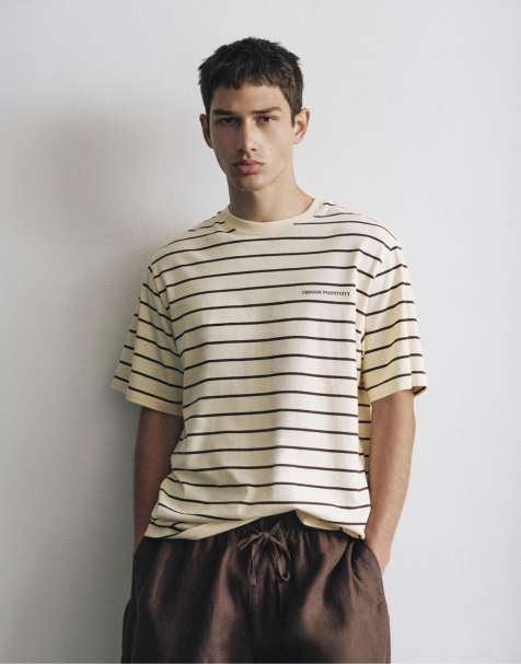 Pull&Bear – Gul, randig t-shirt med text - view 1