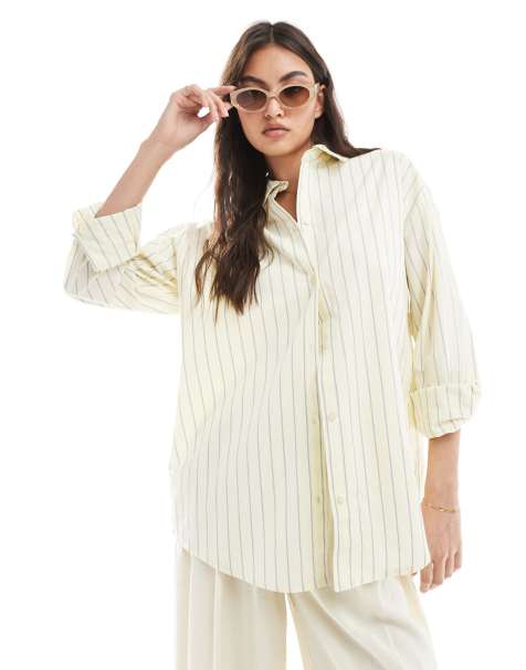 Pull&Bear – Gul skjorta i oversize med kontrasterande ränder - view 1