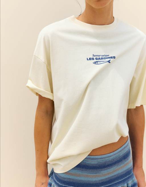 Pull&Bear – Gul t-shirt i oversize med sardintryck, 3 av 7