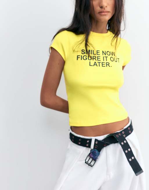 Pull&Bear – Gul t-shirt med texttryck, 4 av 4