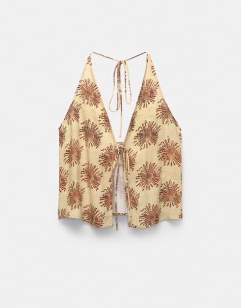 Pull&Bear - Gul top med halterneck og print - view 1