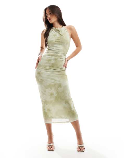 Pull&Bear – Gulblommig midiklänning i mesh med draperad ringning - view 1