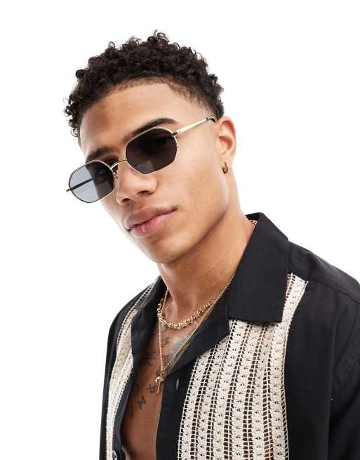 Pull&Bear – Guldfärgade, hexagonformade solglasögon med metallbågar