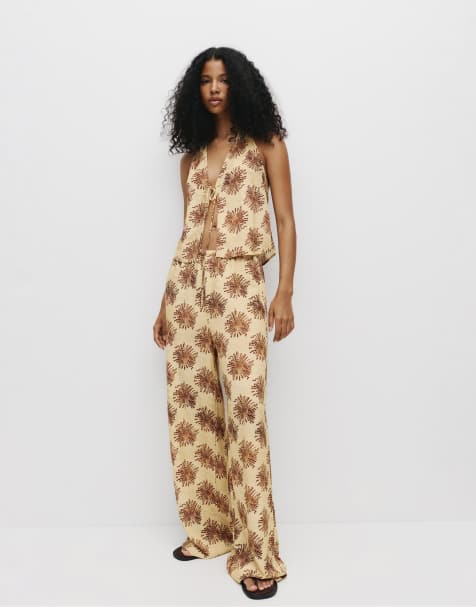 Pull&Bear - Gule flagrende bukser med print - view 1