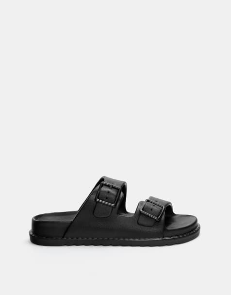 Pull&Bear – Gummierte Sandalen in Schwarz mit zwei Riemen und Schnallen - view 1