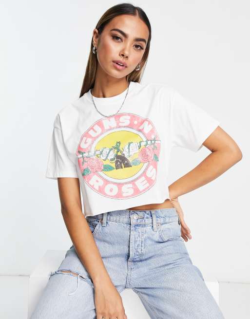 Pull&Bear - Guns N Roses - Cropped rock t-shirt i hvid