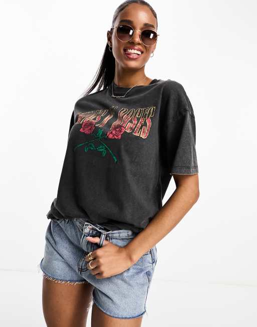 Pull&Bear 'Guns N' Roses' tee in acid wash grey