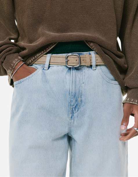 Pull&Bear – Gürtel in Beige aus Wildlederimitat mit Löchern - view 1