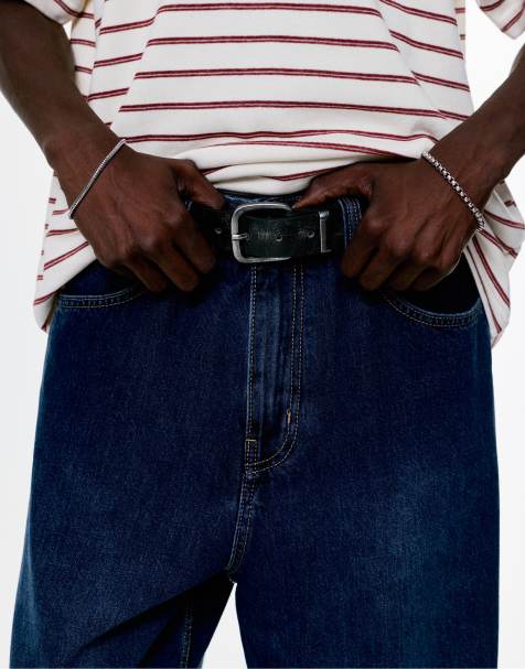 Pull&Bear – Gürtel in schwarzer, rissiger Lederoptik - view 1