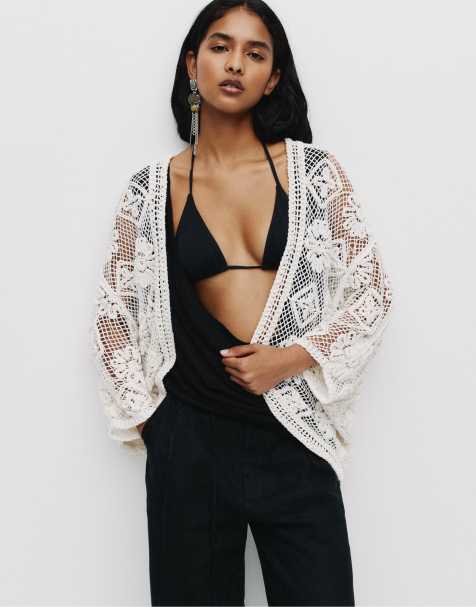 Pull&Bear – Häkel-Kimono in Beige mit Blumenmuster - view 1