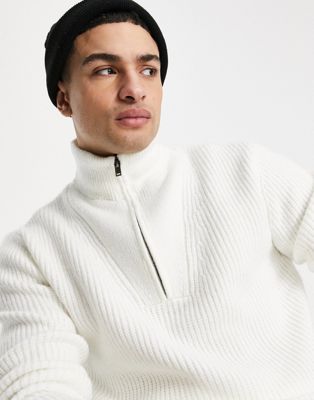 Pull&Bear half zip knitted jumper in white