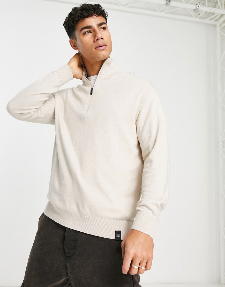 Pull & Bear half zip sweater in beige-Neutral
