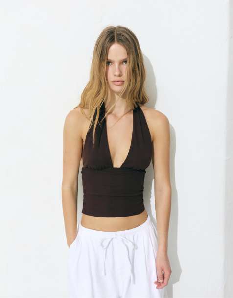 Pull&Bear Halter balconette top in brown - view 1