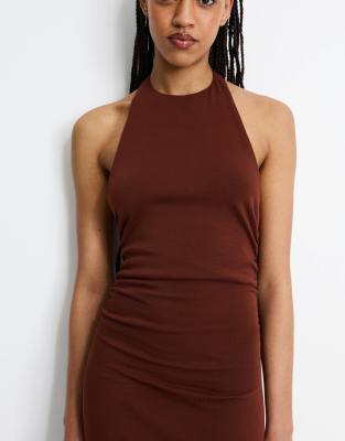 Pull & Bear Halter Midi Dress In Red