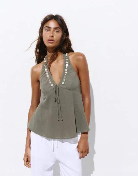 Pull&Bear Halter neck top with buttons in khaki - view 1