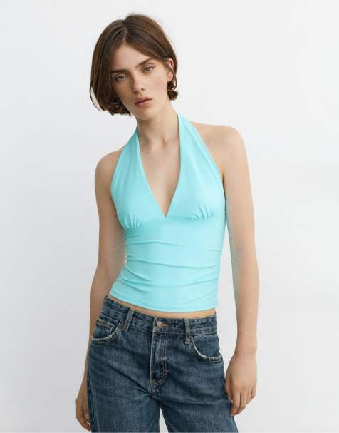 Pull&Bear Halter neck top with gathering in pale turquoise - view 1