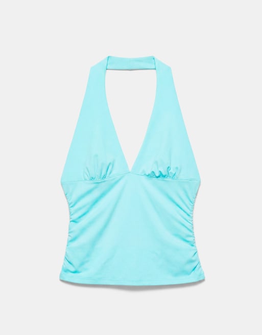 Pull&Bear Halter neck top with gathering in pale turquoise, 5 of 7