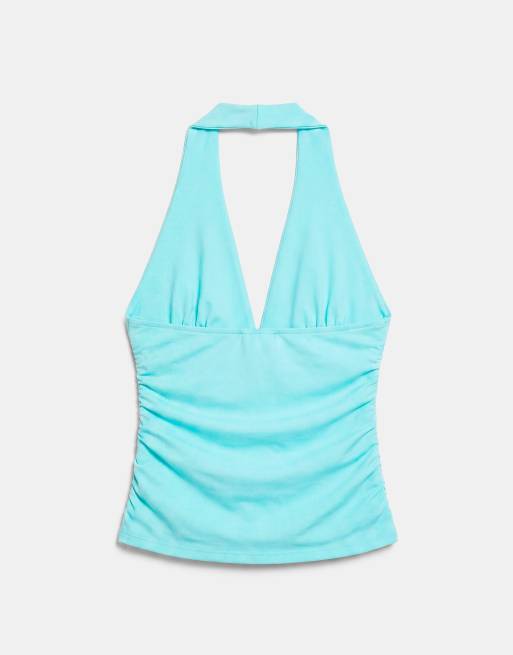 Pull&Bear Halter neck top with gathering in pale turquoise, 6 of 7