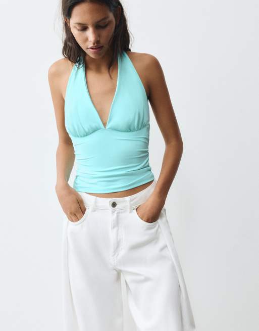Pull&Bear Halter neck top with gathering in pale turquoise, 7 of 7