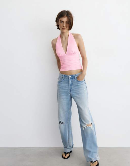 Pull&Bear Halter neck top with gathering in pink, 4 of 7