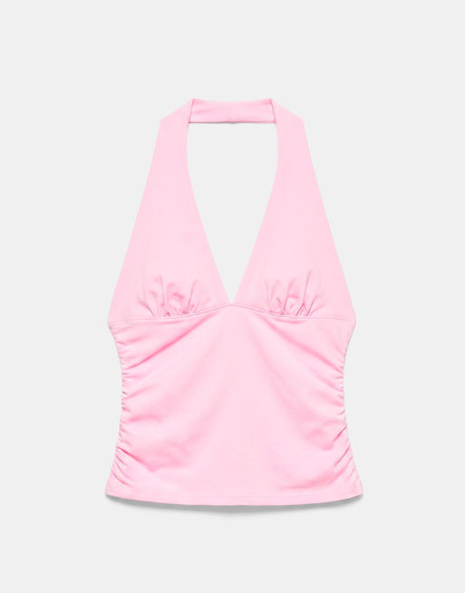 Pull&Bear Halter neck top with gathering in pink, 5 of 7