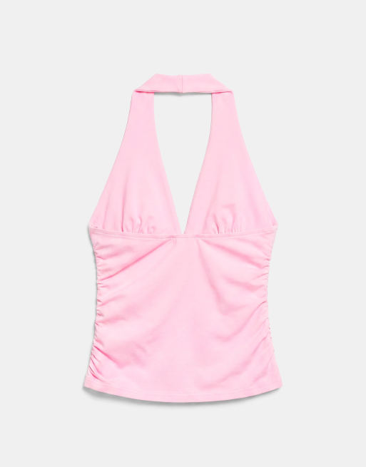 Pull&Bear Halter neck top with gathering in pink, 7 of 7
