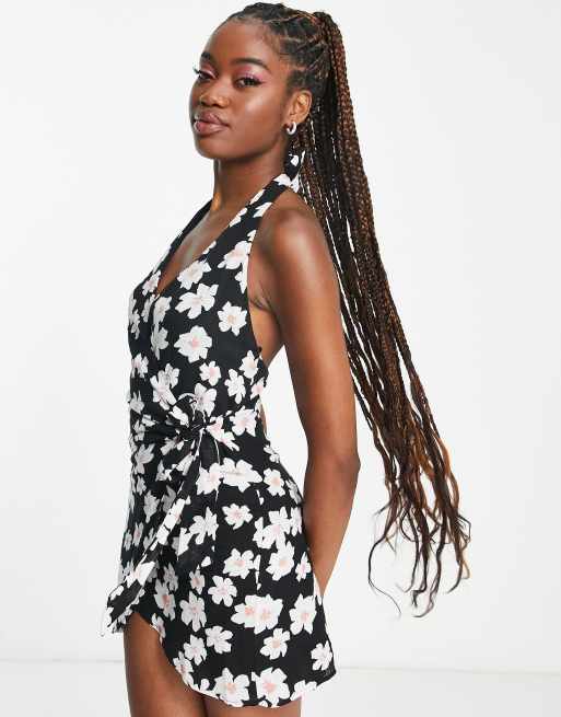 Pull&Bear halter neck wrap front mini dress in black floral