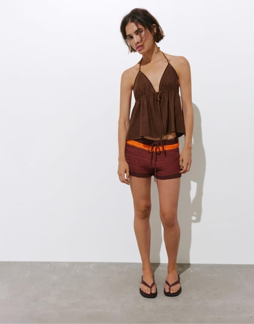 Pull&Bear Halter top with lace trims and linen in chocolate, 2 of 4