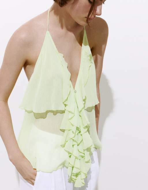 Pull&Bear Halter top with ruffles in apple green, 3 of 4