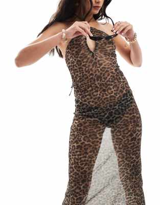 halterneck beach dress in leopard print-Brown