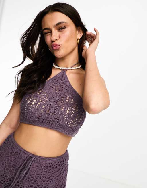 Pull&Bear halterneck crochet top in purple - part of a set