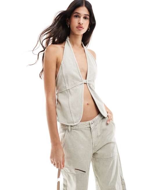 Pull&Bear halterneck denim top in stone wash (part of a set)