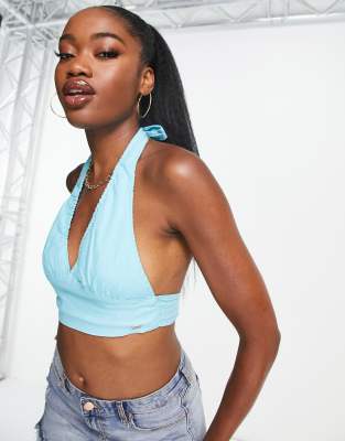 PULL & BEAR HALTERNECK LINEN CROP TOP IN BLUE