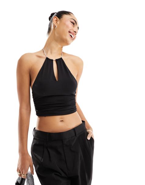 Thin String Halter Neck Crop Top with Front Keyhole Detail in Rib S / Black