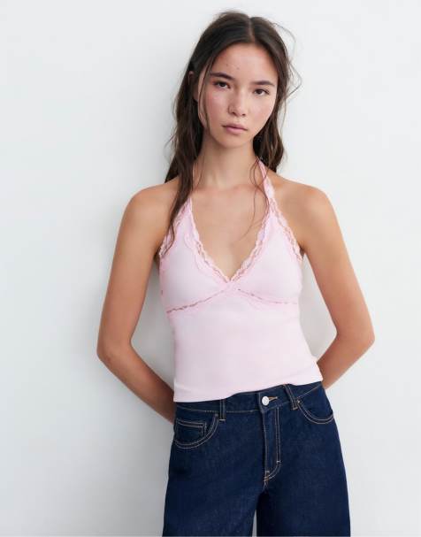 Pull&Bear - Haltertop met kanten rand in roze - view 1