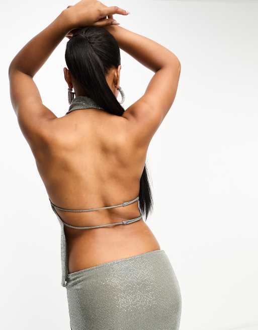 Pull&Bear Haltertop met open rug en lovertjes in grijs glitter