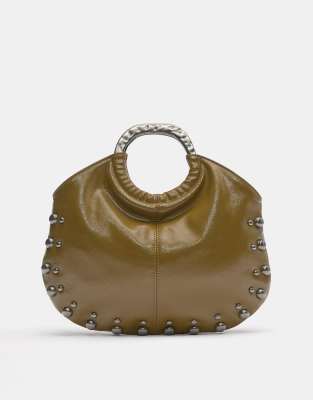 Pull & Bear - Handtasche in Khaki mit Nietenbesatz und Griff aus Metall-Bunt