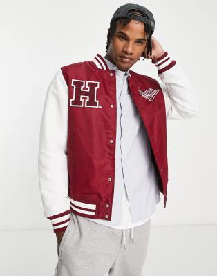 Pull&Bear Harvard varsity bomber jacket in dark red | ASOS