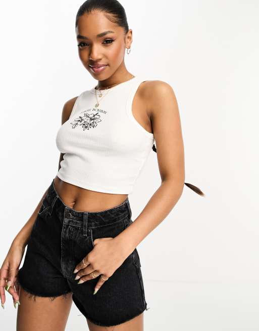 Pull&Bear 'Hawaii' graphic racer vest in white