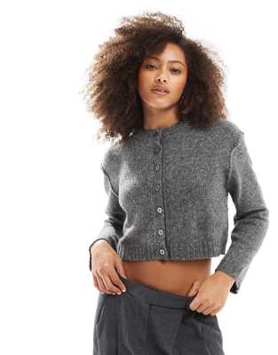 Pull & Bear Heather Effect Micro Cardigan In Dark Gray