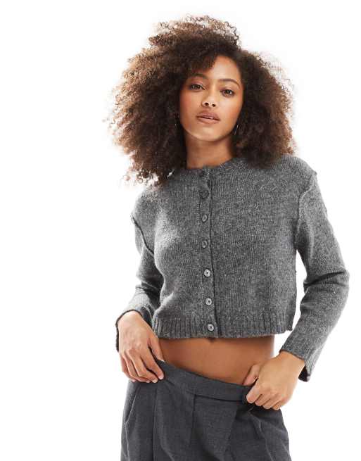 Pull&Bear heather effect micro cardigan in dark gray