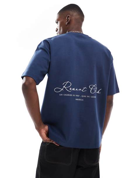 Pull&Bear heavyweight back printed t-shirt in navy - view 1