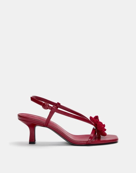 Pull&Bear heeled sandals with crochet flower in red - view 1