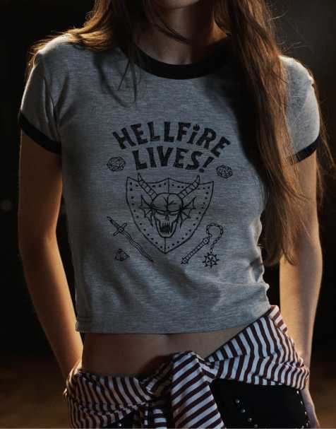 Pull&Bear Hellfire lives stranger things t-shirt in grey marl